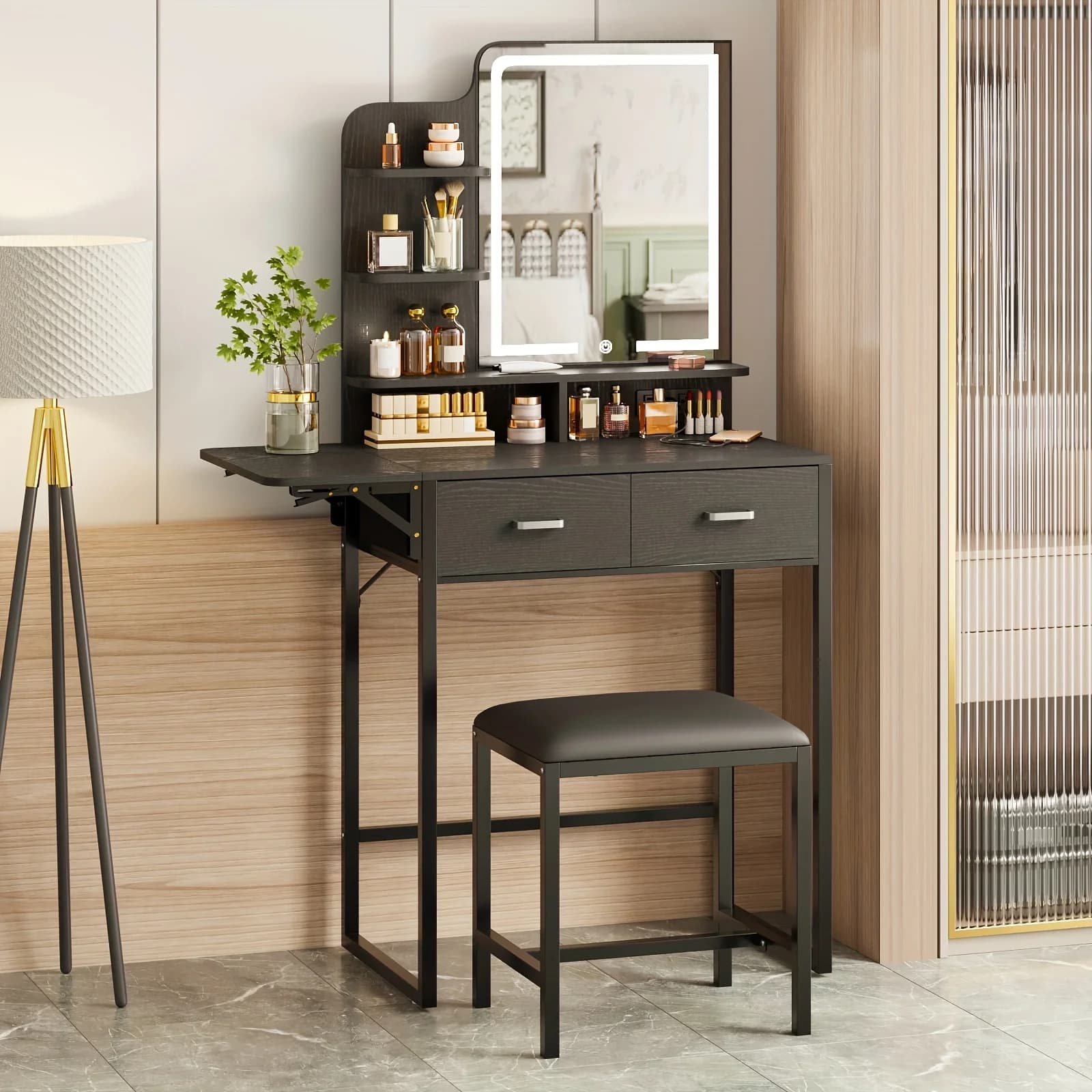 Set da Trucco Whonline con Specchio e Illuminazione, Robusta Toeletta con Due Cassetti, Presa di Corrente e Porta USB
