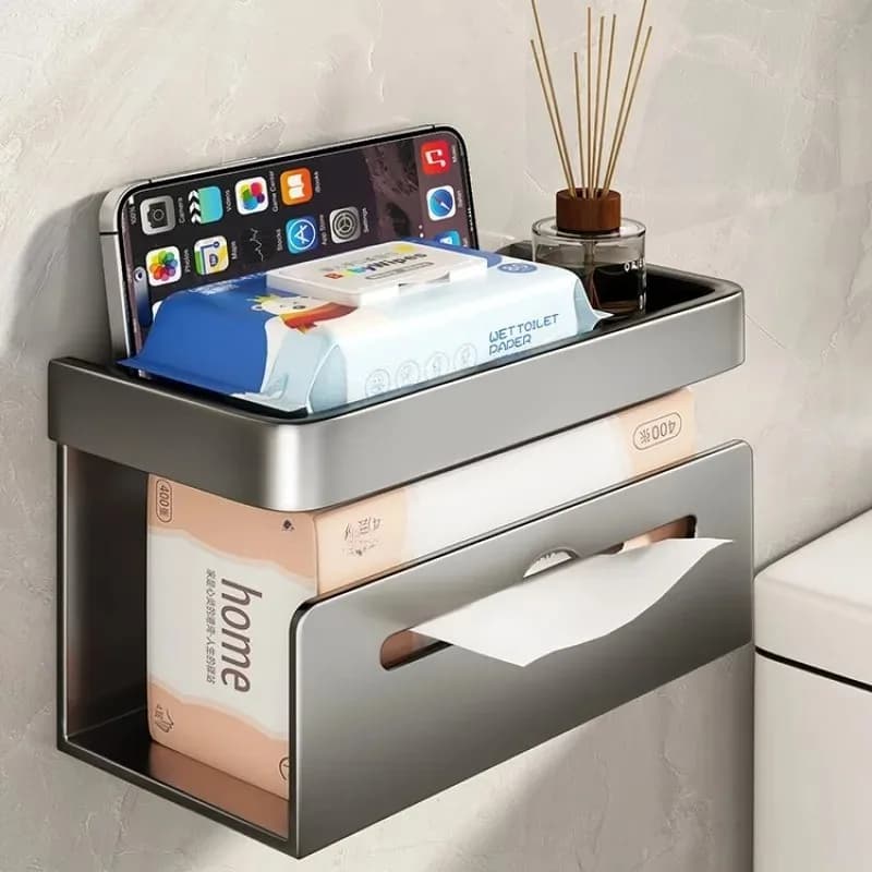 Porta carta igienica senza punzonatura montato a parete con doppia presa di carta per porta fazzoletti da bagno, supporto per telefono cellulare