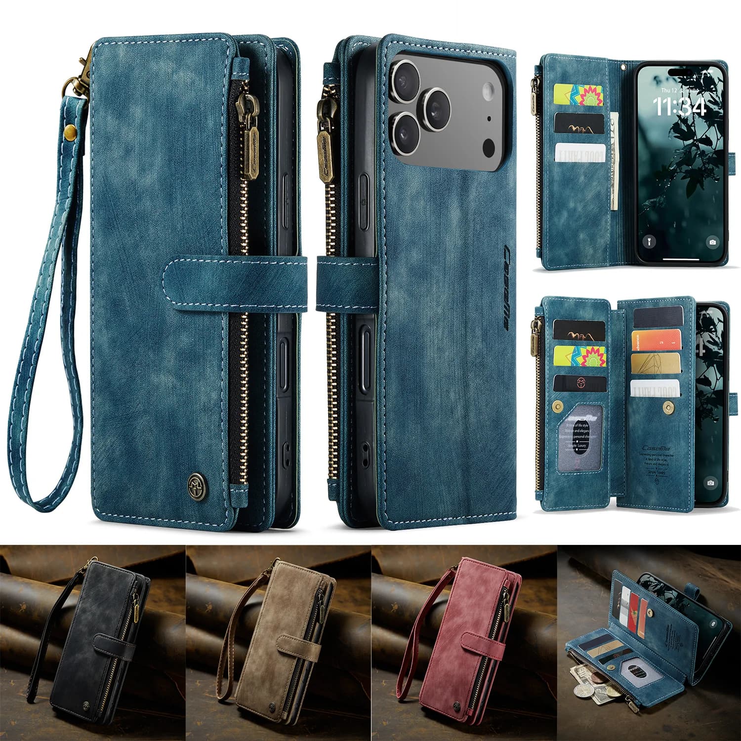 Premium Business Leather Case For iPhone 17 16 15 14 13 12 11 Pro Max Plus 17Air 16E 13 Mini SE3 Zipper Wallet Card Flip Cover