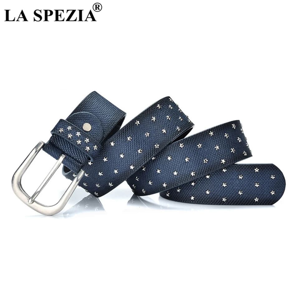 LA SPEZIA Nuovo design Cintura in pelle blu Donna Rivetto Cinture con spilla Stella femminile Decora Cintura da donna in pelle di marca di moda per jeans