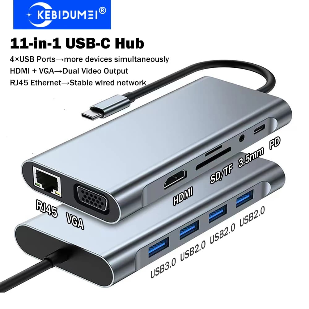 KEBIDUMEI Hub USB C 11-in-1 con uscita video doppia HDMI VGA, 4 porte USB, docking station USB C, splitter USB per PC, laptop, Macbook