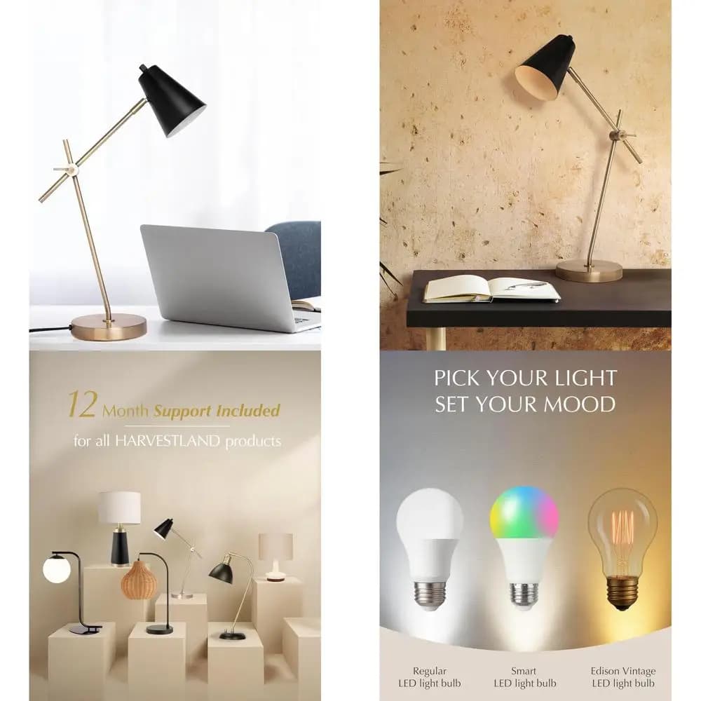 Lampada da Scrivania in Stile Industriale Nera con Base in Ottone Massiccio per Casa, Ufficio, Lettura e Lavori di Studio