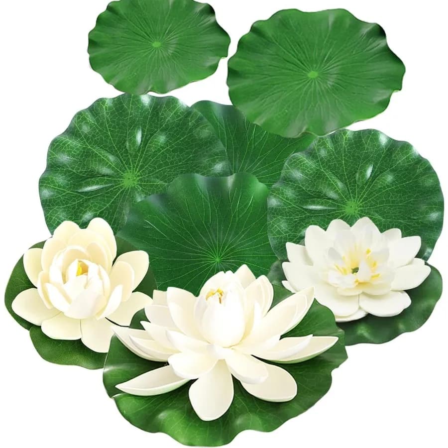 9 pezzi di fiori di loto in schiuma galleggiante artificiale con foglie di loto artificiali: cuscinetti di giglio per piante da stagno del lago, ostoni per piscina Aquar