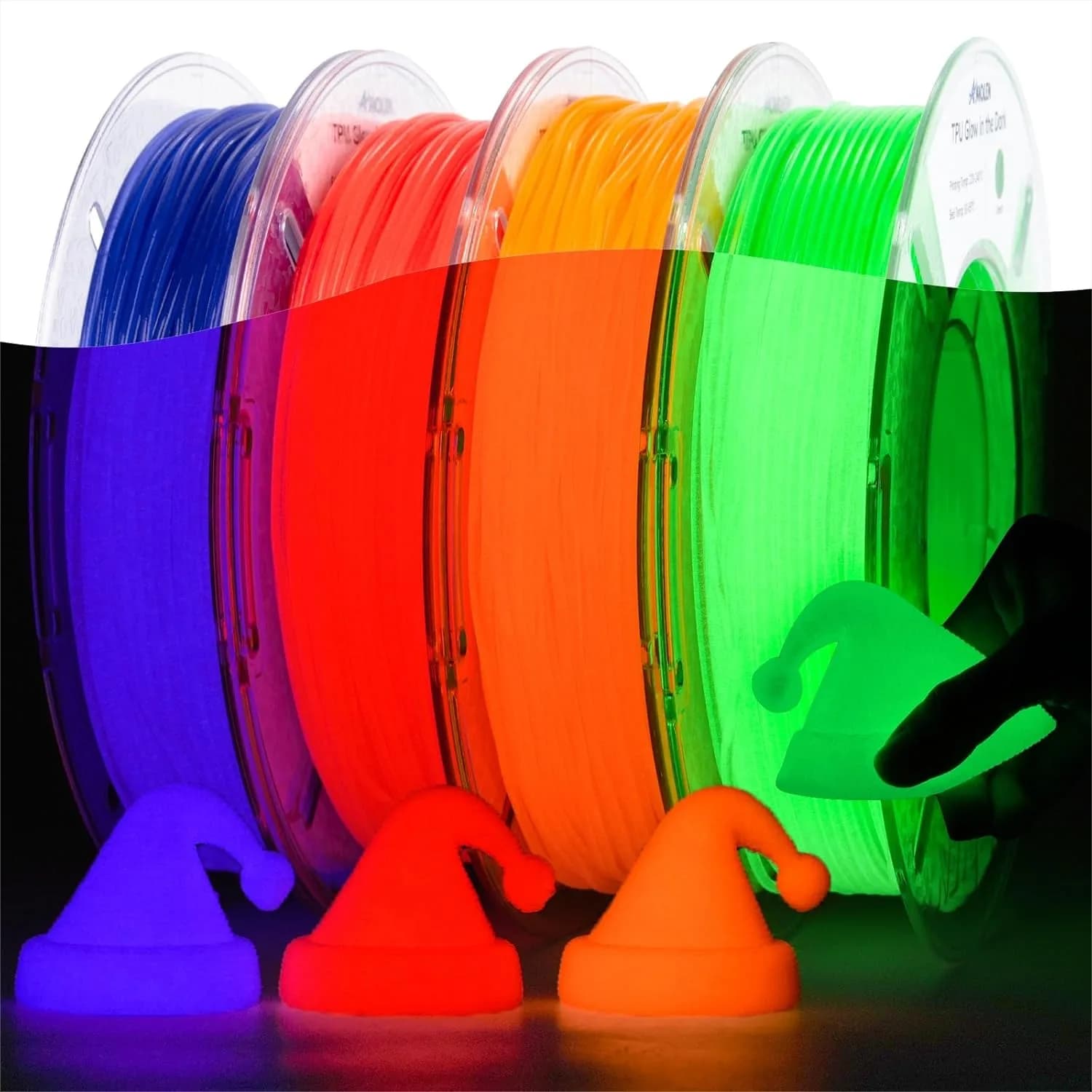 Filamento TPU Flessibile Fosforescente 1.75mm, Morbido 95A per Stampante 3D con Lampada UV, Confezione da 4 x 200g Rosso Arancione Blu