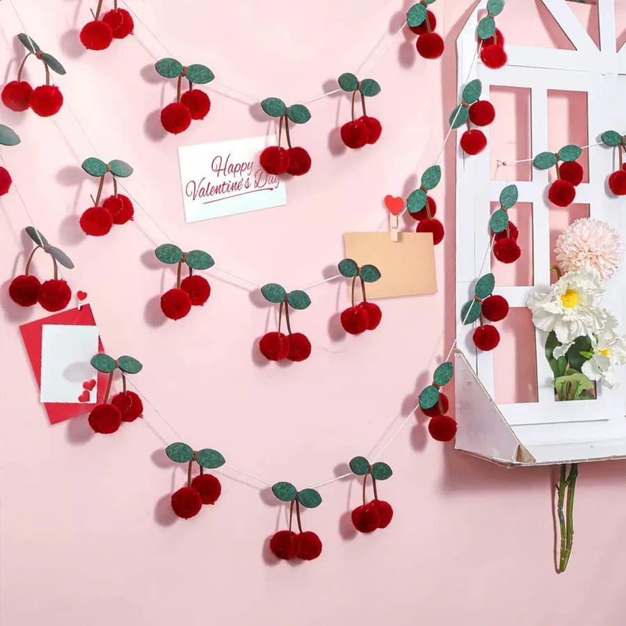 Cherry Garland Decoration Cherries Birthday Wedding Decoration Christmas Pompom Threading Banner Bedroom Wall Decoration Hanging