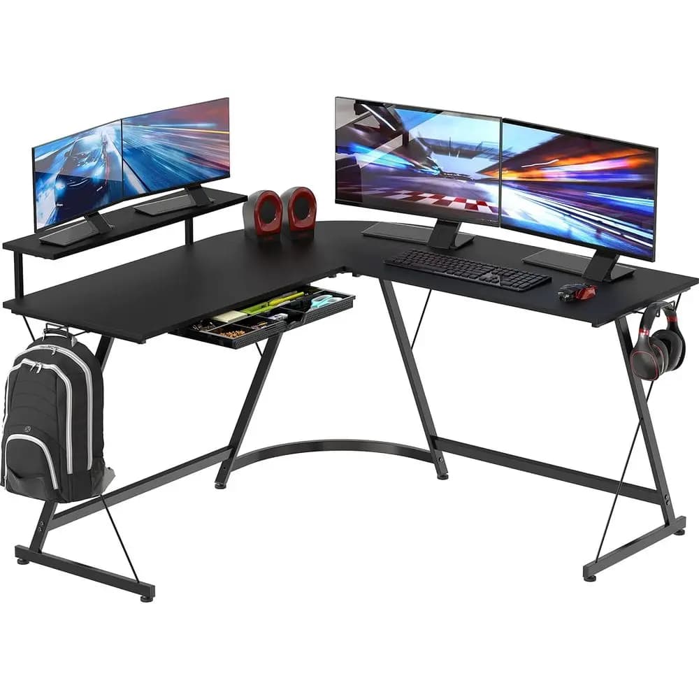 Scrivania a forma di L Vista da 51 x 51 pollici con supporto per monitor e sedia, nera