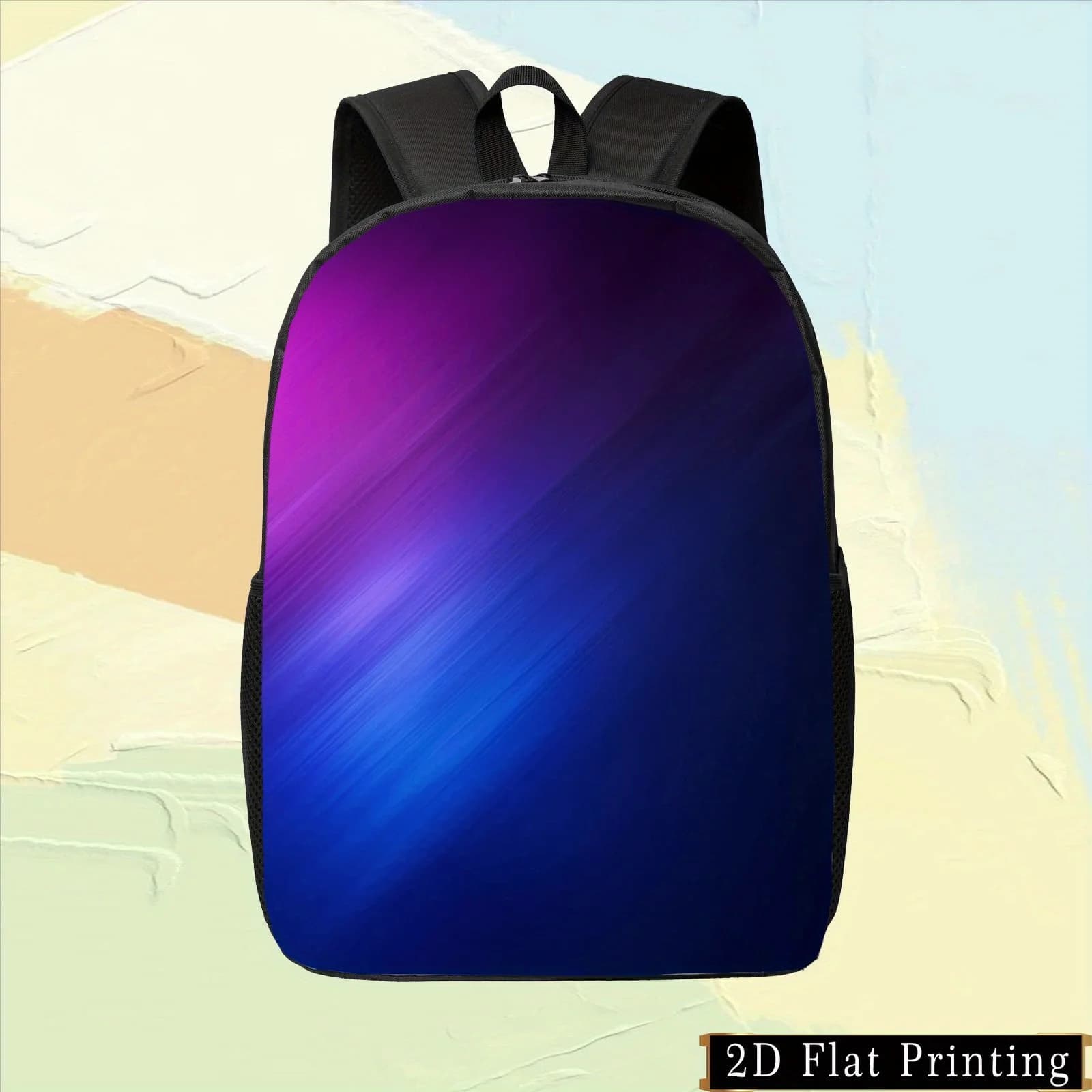 1 colored student backpack with print on one side, purple pattern with shades and unique design of hand washed zipper.