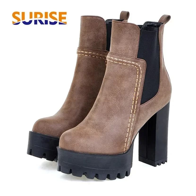 Stivali invernali da donna Chelsea con plateau di grandi dimensioni Punta tonda Tacchi alti da 12 cm Stivaletti da donna da ufficio casual in peluche PU nero