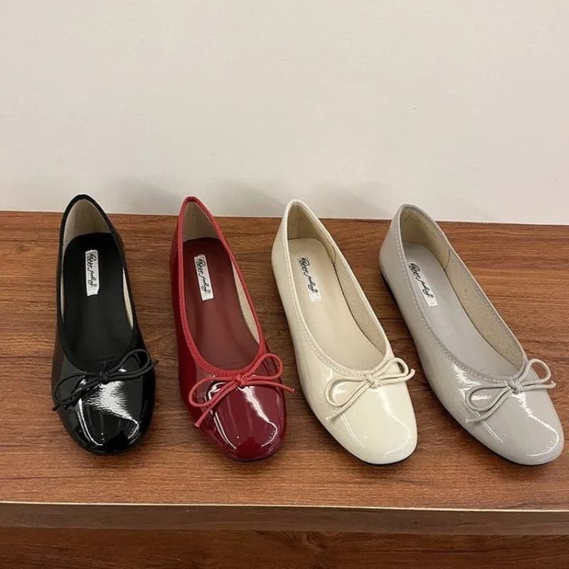 2026Spring Elegant Bowknot Ballet Flats Classic Shoe Round Toe Comfort Slip-On Ladies Fashion Loafers Patent Leather Drive Shoes