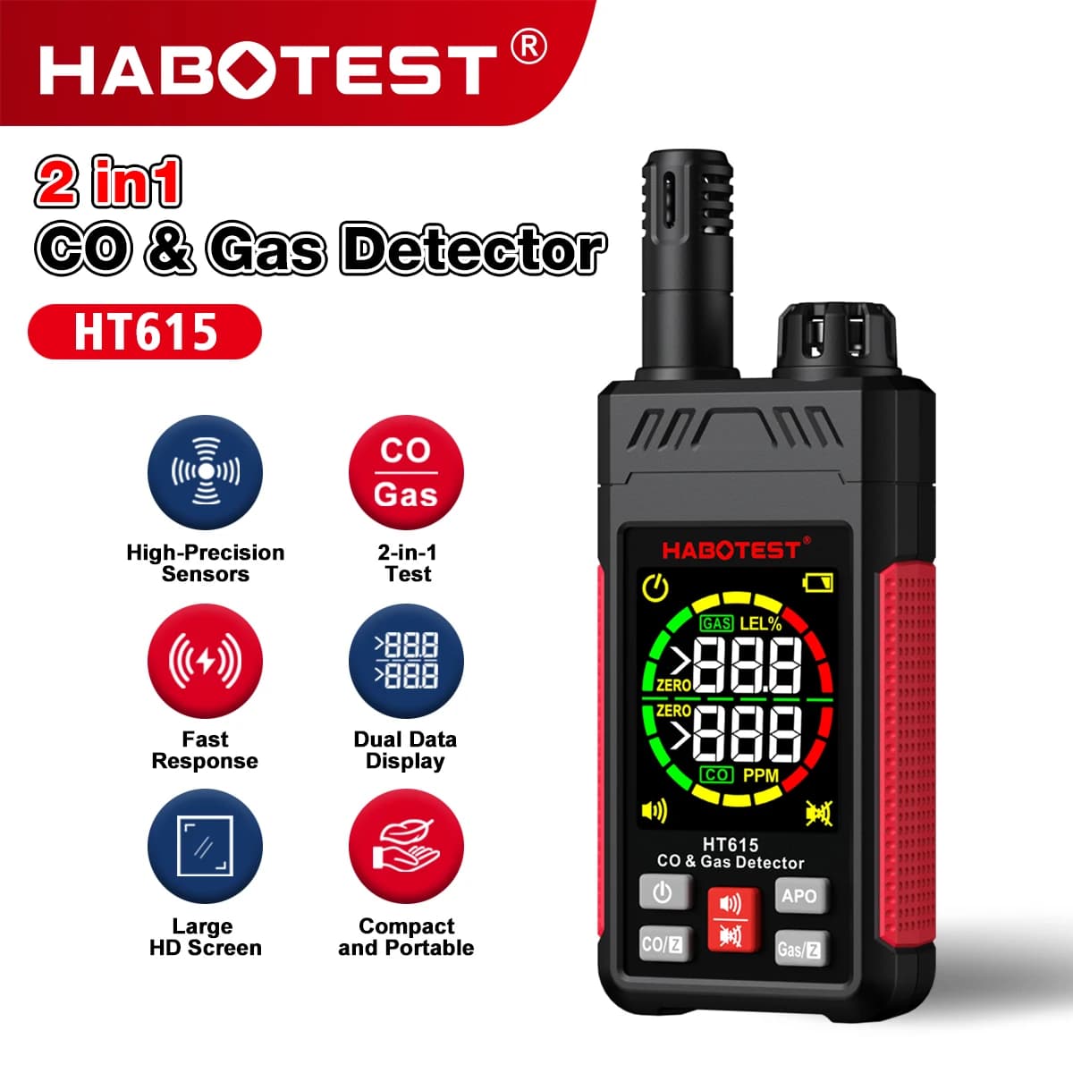 HABOTEST HT615 Carbon Monoxide And Combustible Gas Detector 0-1000PPM LCD Display With Sound And Light Alarm Detector