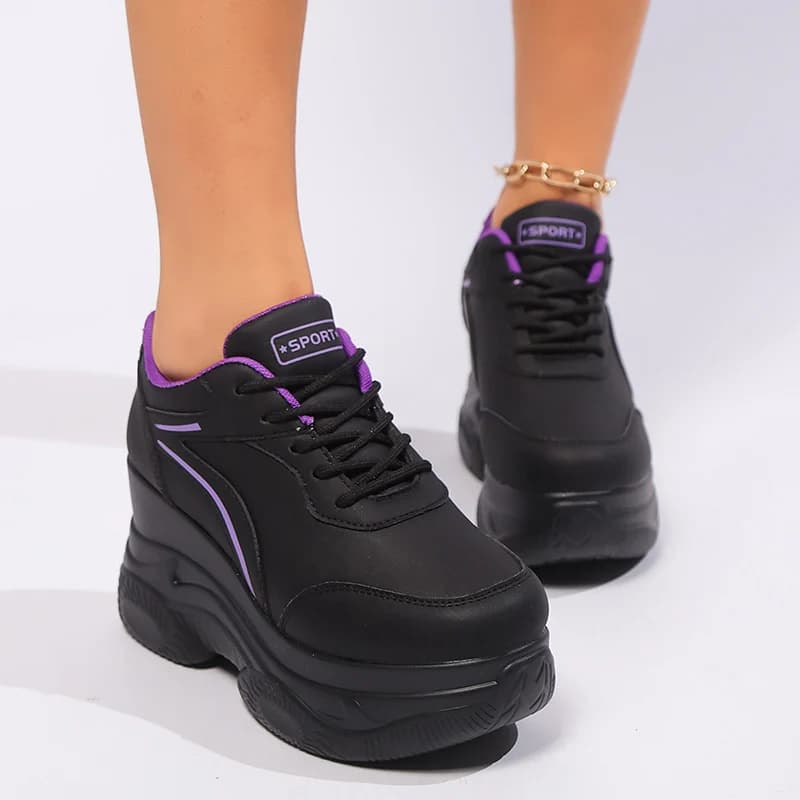 Black Chunky Wedge Sneakers Women Plus Size 42 Lace Up Platform Sneakers Woman Pu Leather Thick Bottom Vulcanized Shoes Female