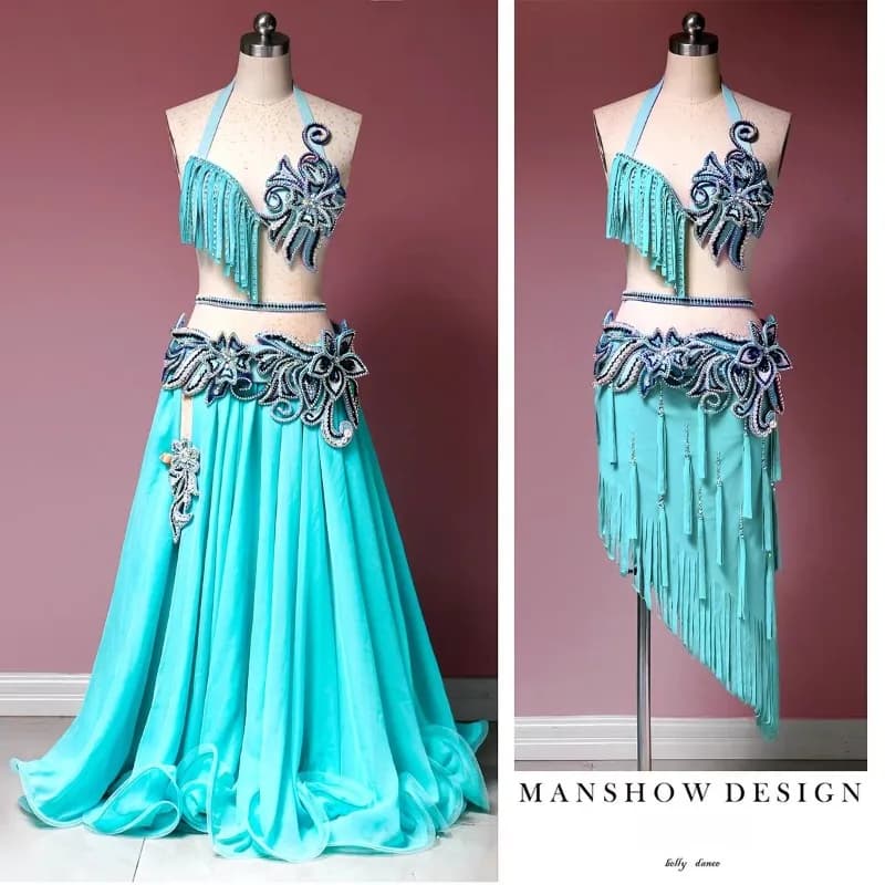 Costume da danza del ventre personalizzato Abito da performance da donna Reggiseno Ispirato con nappe Gonna lunga e corta grande altalena Set a doppia commutazione