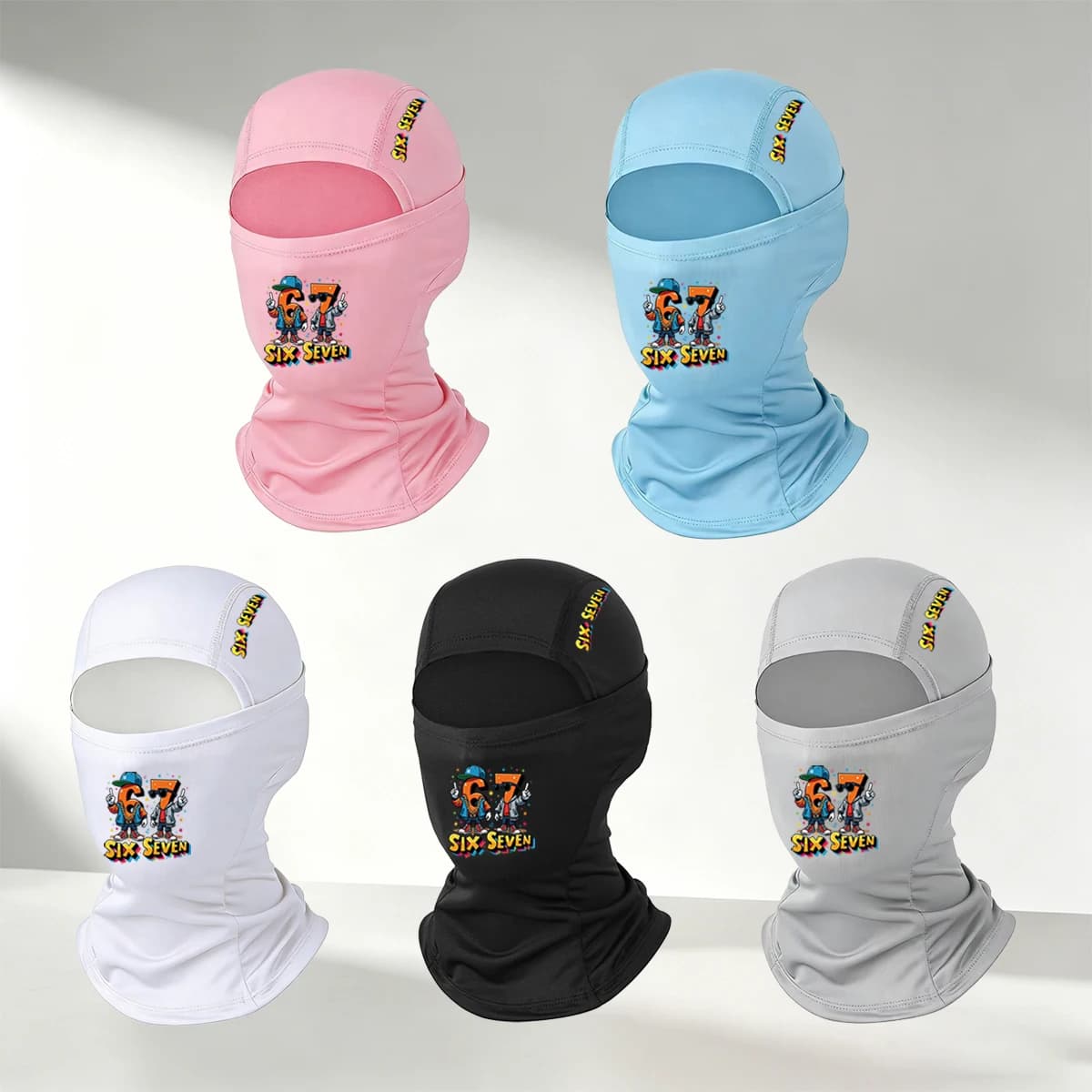 1/2/3/4/5 PC Fashion Six Seven Cartoon Printed Balaclava Hat, Soft, Outdoor Sports, Cycling Headwear, Hip Hop Style Mask