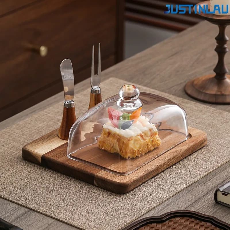 JUSTINLAU Core Acacia Wood Butter Dish with Clear Glass Lid Stainless Steel Knife Butter Keeper for Kitchen Cheese Dessert