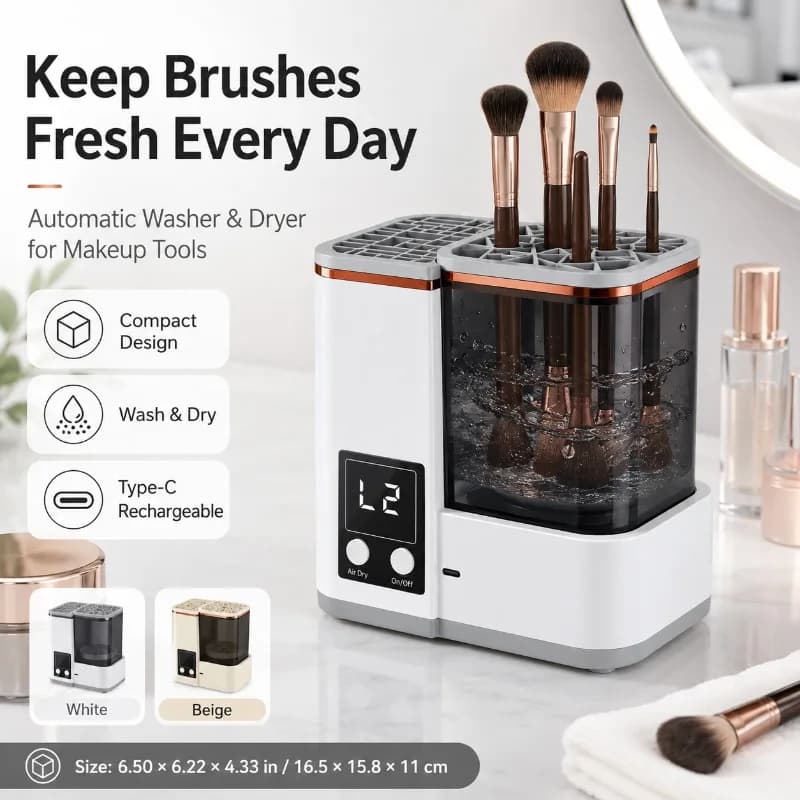 Compact Makeup Brush Cleaner Dryer Electric Vortex Washer with Type-C Charging LCD Timer for Foundation Powder Blush Brushes Set