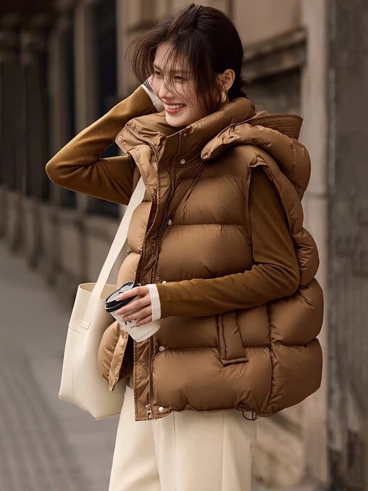 Autunno Inverno Soffice piumino con cappuccio Gilet femminile con coulisse Cerniera Gilet caldo Capispalla Donna Gilet tascabile in piuma d'anatra bianca