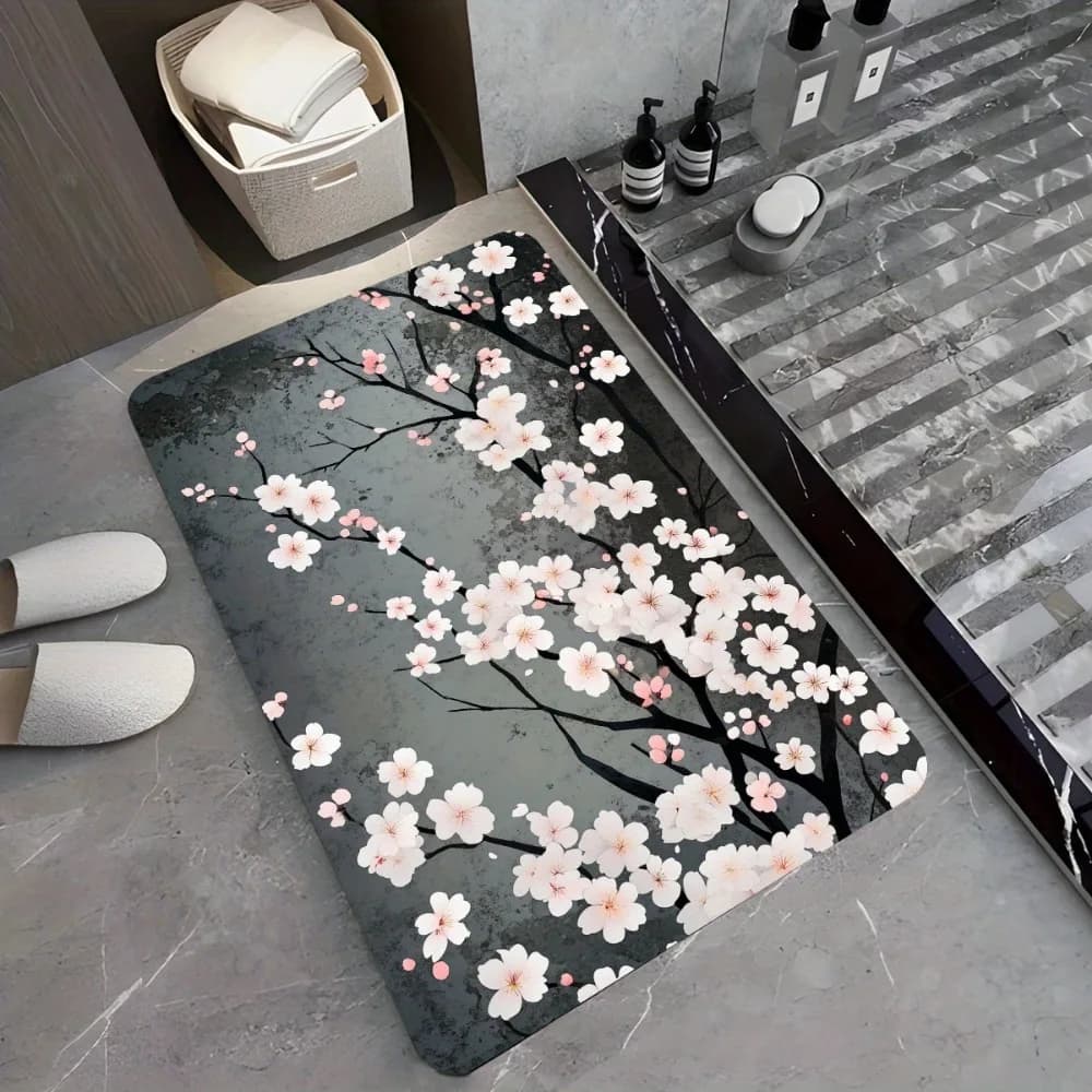 Cherry Blossom Floral Bath Mat, Super Absorbent Non-Slip Quick Dry Floor Rug, Decorative Carpet for Bathroom Kitchen Garden