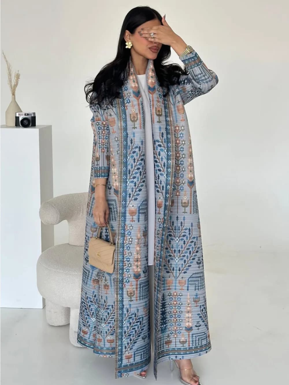 Eid Abito musulmano per le donne Abaya Ramadan Stampa Cardigan a pieghe Jalabiya Party Abito lungo Marocco Dubai Caftano Abiti Largos