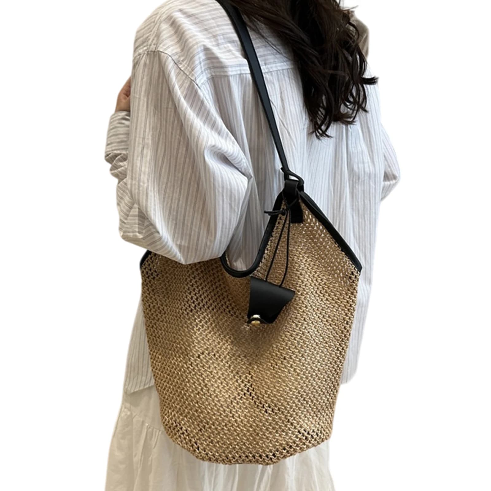 Handwoven Straw Beach Shoulder Bag Hollow Large Tote PU Edge Magnetic Clasp Vacation Travel Date Shopping Handbags