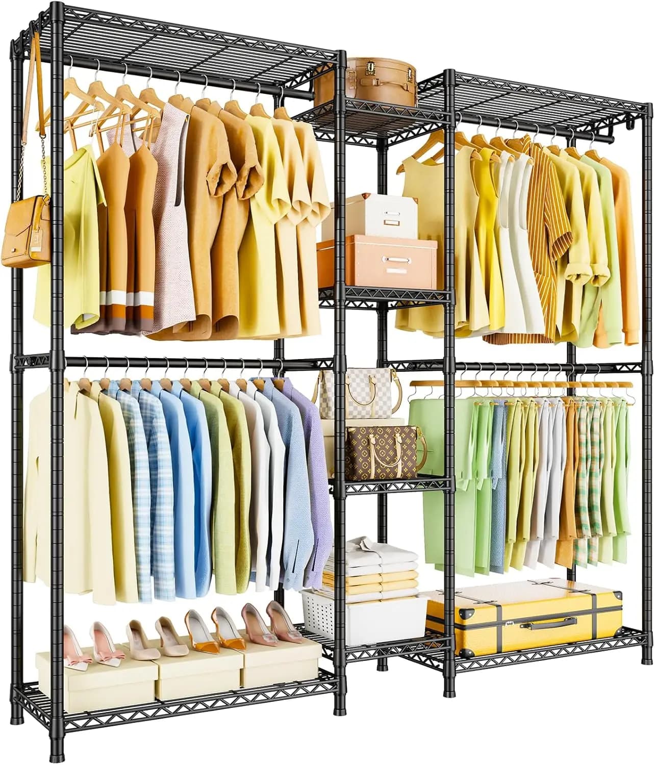 Appendiabiti in metallo resistente con ripiani e ganci, design a L, carico massimo 437 kg, nero