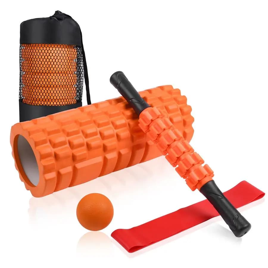 Set of 1 Foam Roller, Pressure Point Roller, Yoga Stick, Massage Ball, Stretching Fitness Strap, Transport Bag, Muscular Massage Towel Background