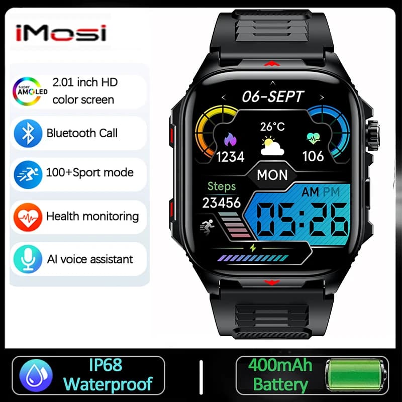 2025 Sport All'aria Aperta Astuto Della Vigilanza Degli Uomini 2.01 "Schermo HD LED Torcia Elettrica 400mAh Grande Batteria Frequenza Cardiaca Impermeabile BT Chiamata Smartwatch