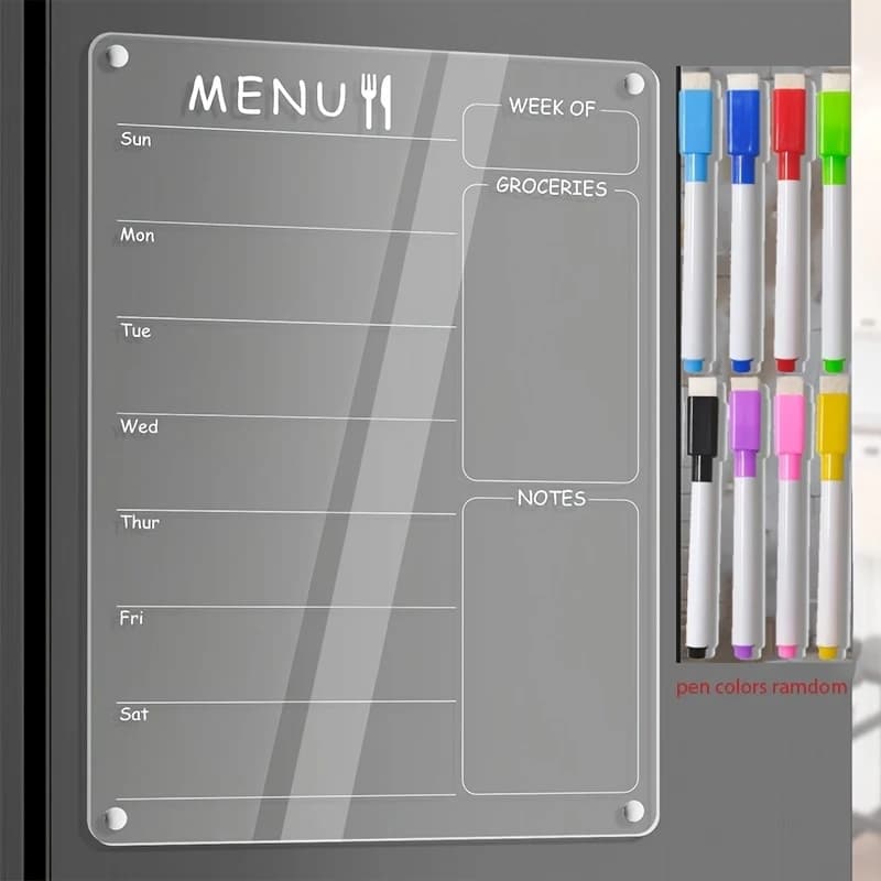 Lavagna Menu in Acrilico per Cucina, Pianificatore Settimanale Magnetico, Calendario Settimanale Trasparente per Frigorifero