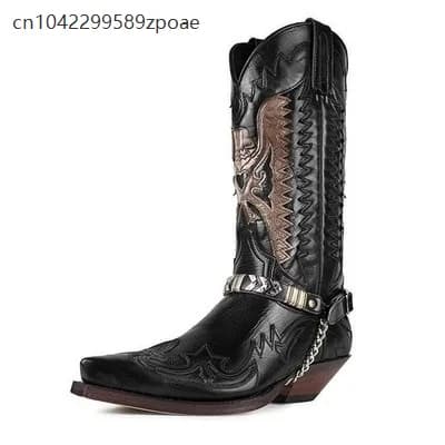 Stivali Chelsea con fibbia a catena in metallo Tacco grosso Ricamo Colorblock Gotico Steampunk Locomotiva Cosplay Stivali da cavaliere Stivali da uomo