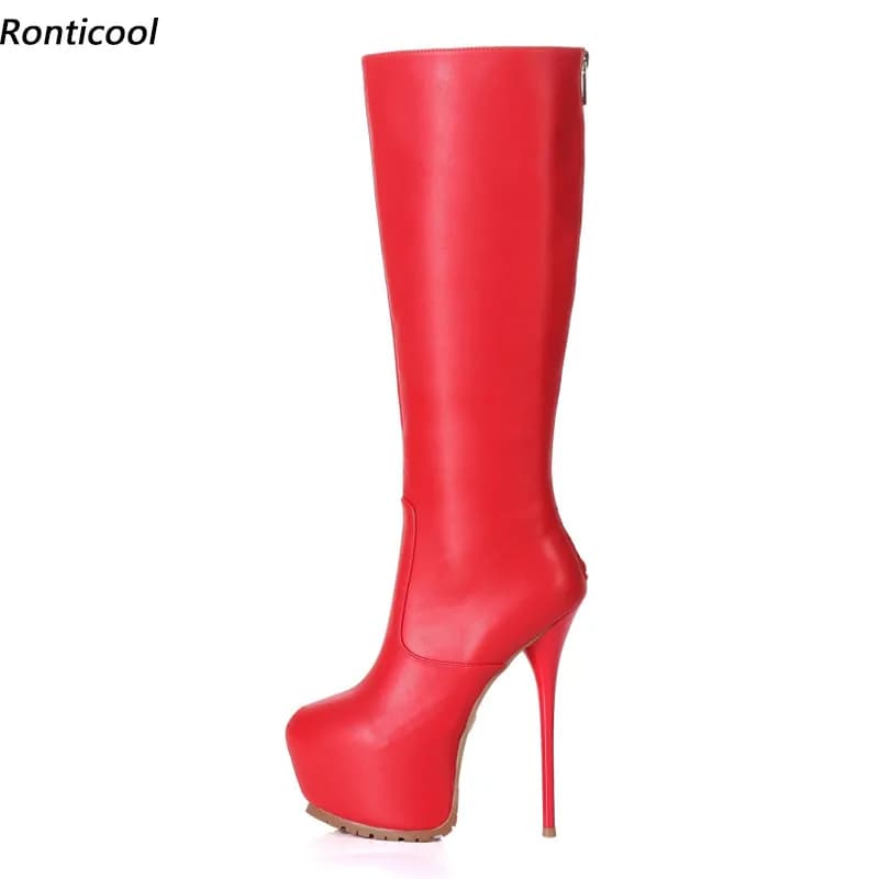 Ronticool Stivali invernali da donna fatti a mano al ginocchio Tacco a spillo sexy Punta tonda Blu Rosso Rosa Scarpe da night club Donna Taglie forti 35-52