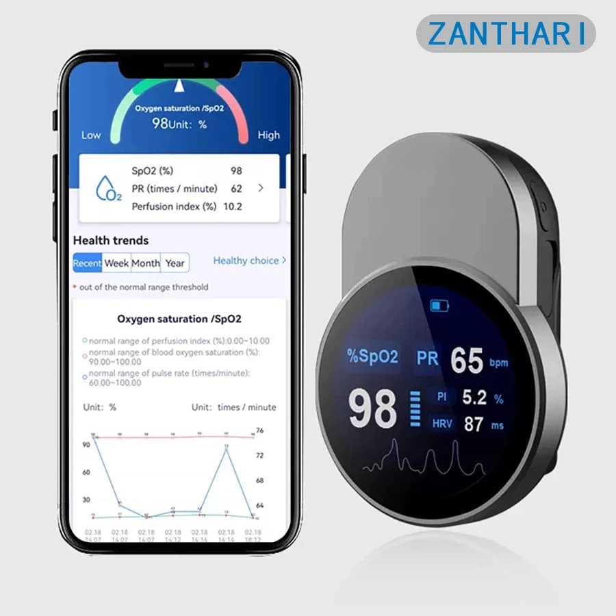 ZANTHARI finger oximeter with Bluetooth transmission, TFT color digital display, finger clip, rechargeable via USB.