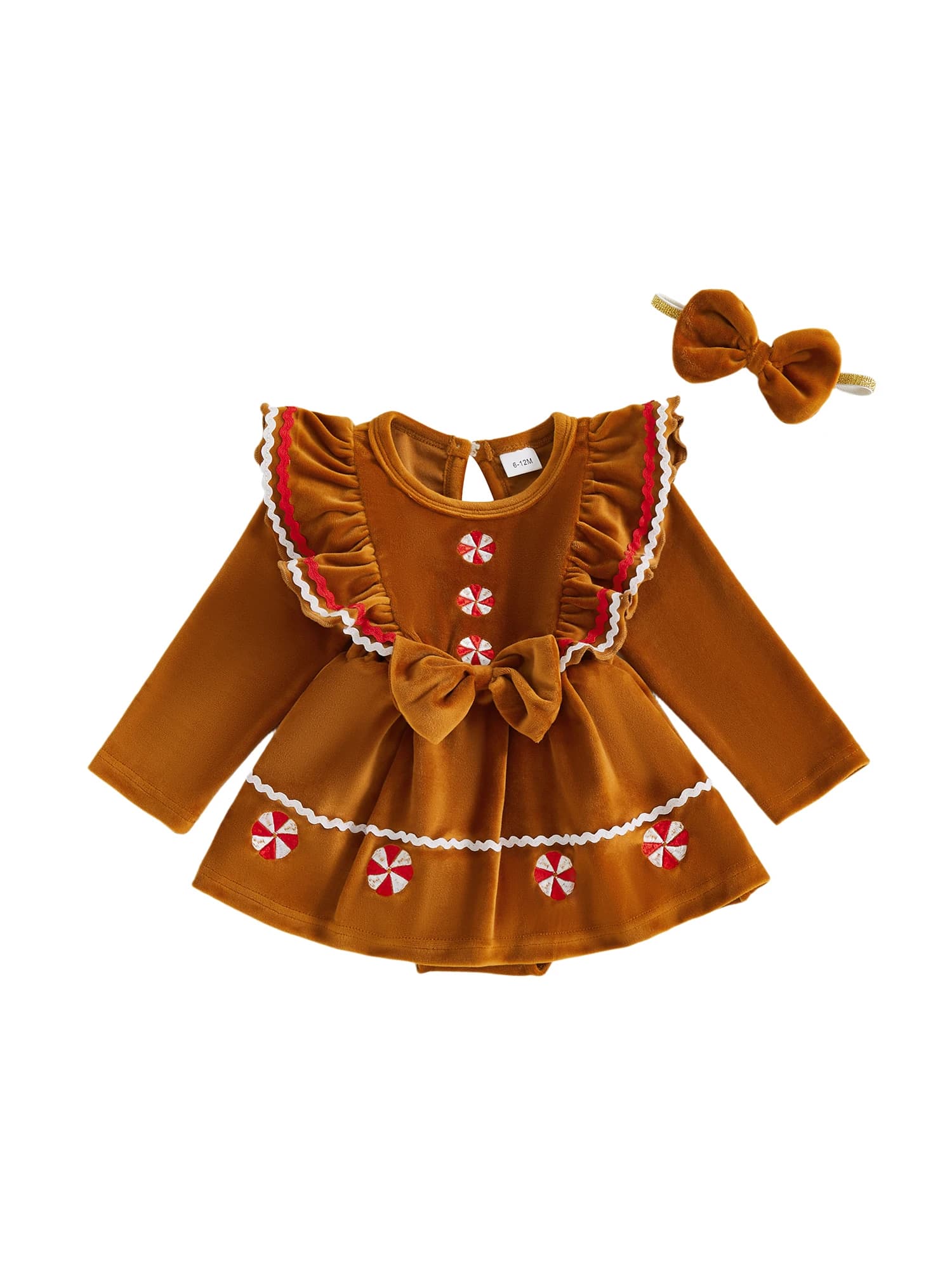 Completo natalizio per bambina, omino di pan di zenzero, con volant a maniche lunghe, pagliaccetto, fascia per capelli, set da 2 pezzi
