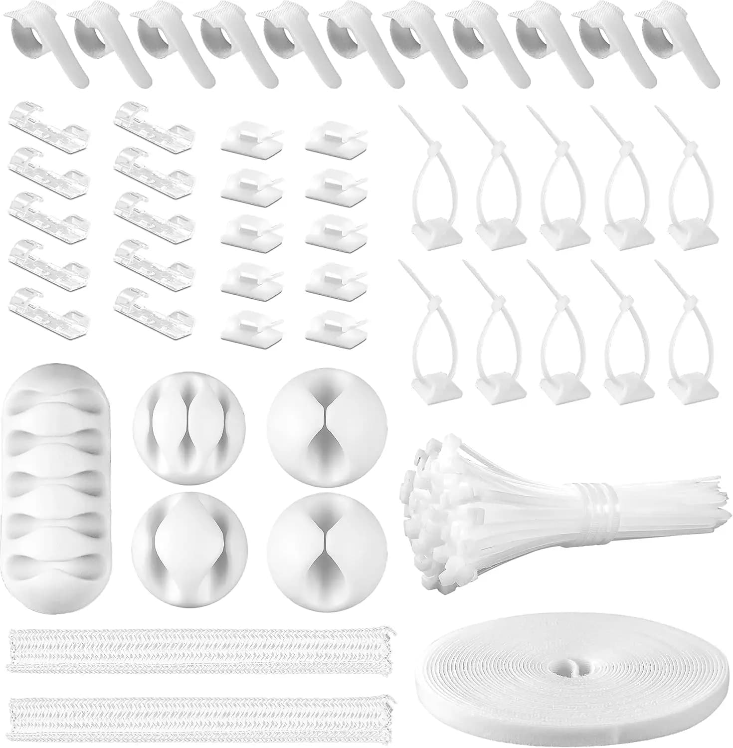Kit di Gestione Cavi Bianco con 41 Clip, 10+2 Fascette, 100 Fascette a Zip per Organizzare Cavi di TV e Computer