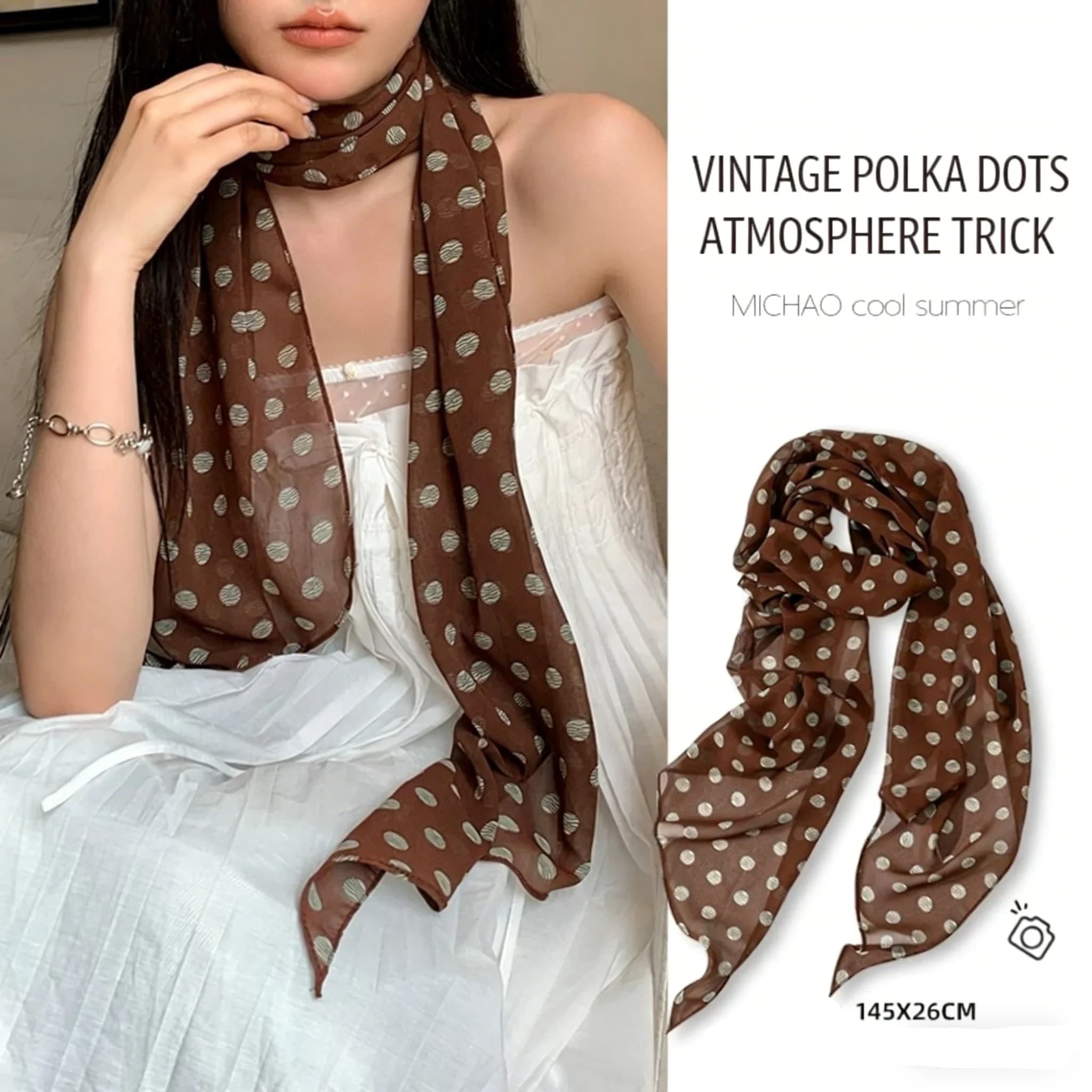 Vintage scarf in polka dots for women, light and veiled, elegant accessory for everyday summer clothing and outfits.