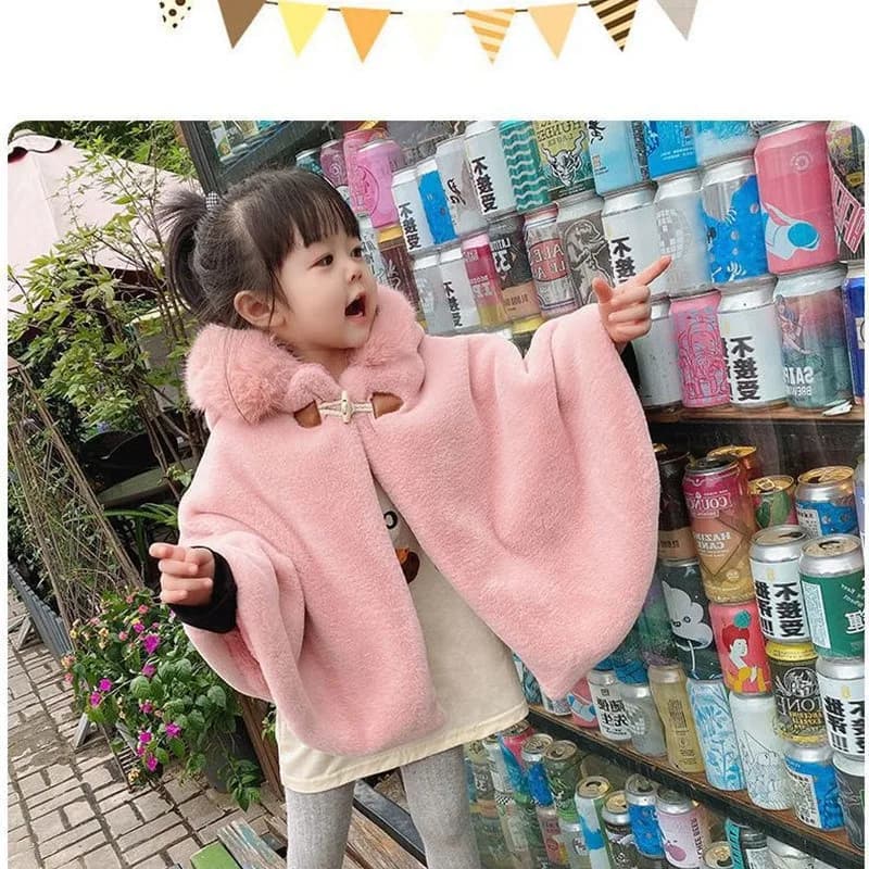 Girls Cashmere Outerwear Trench Children Winter Thick Shawl Cloak Baby Pink Plus Velvet Warm Cloak Jackets Kids Clothing 1-6Y