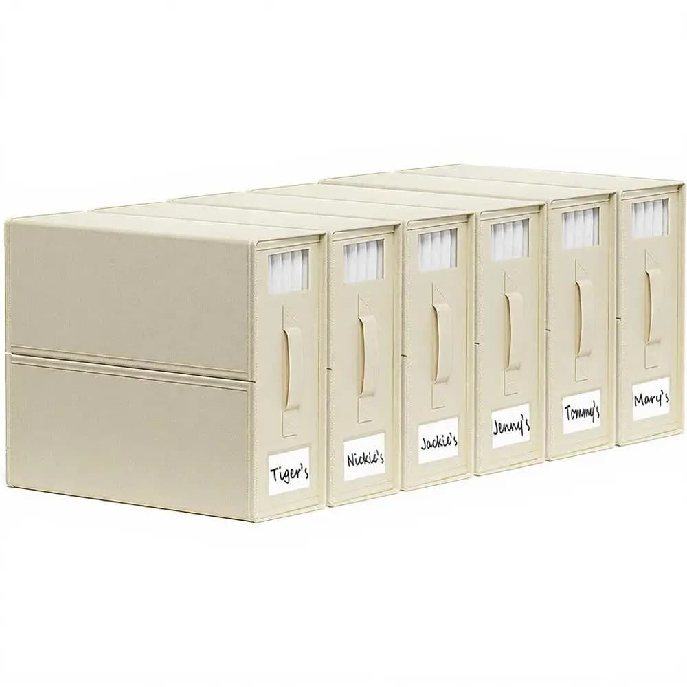Set di 6 Organizzatori in Lino con Finestra e Etichette, Scatole Pieghevoli per Biancheria da Letto, Coperte e Set di Lenzuola - Beige