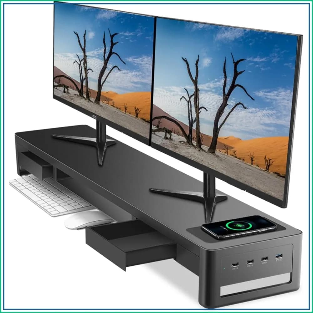Dual Monitor Stand Riser with 2 Drawers, 4 USB Ports and Charging Pad, Metal Desk Organizer for 2 Monitors, Supports Data Transfer and Charging, 38.7 Inches