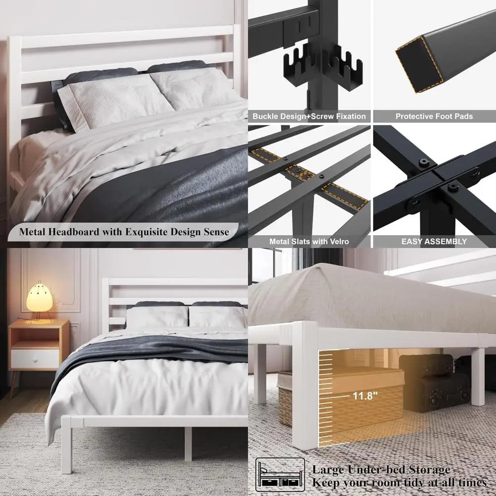 Letto matrimoniale in metallo resistente con contenitore sotto il letto, base per materasso, non necessita di rete a molle, facile da montare, bianco