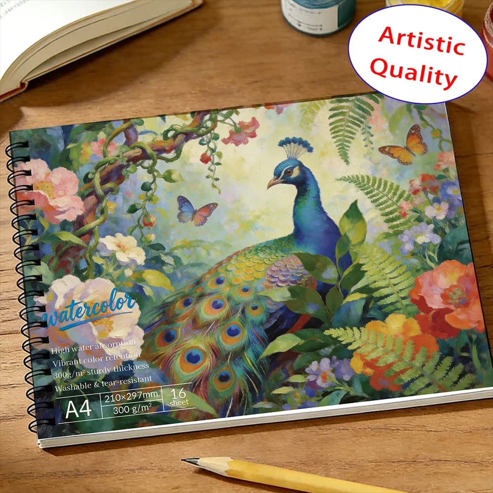 A4 Spiral Watercolor Pad 300gsm, Peacock & Butterfly Floral Cover, 16 Sheets Acid-Free Art Sketchbook for Back to School &