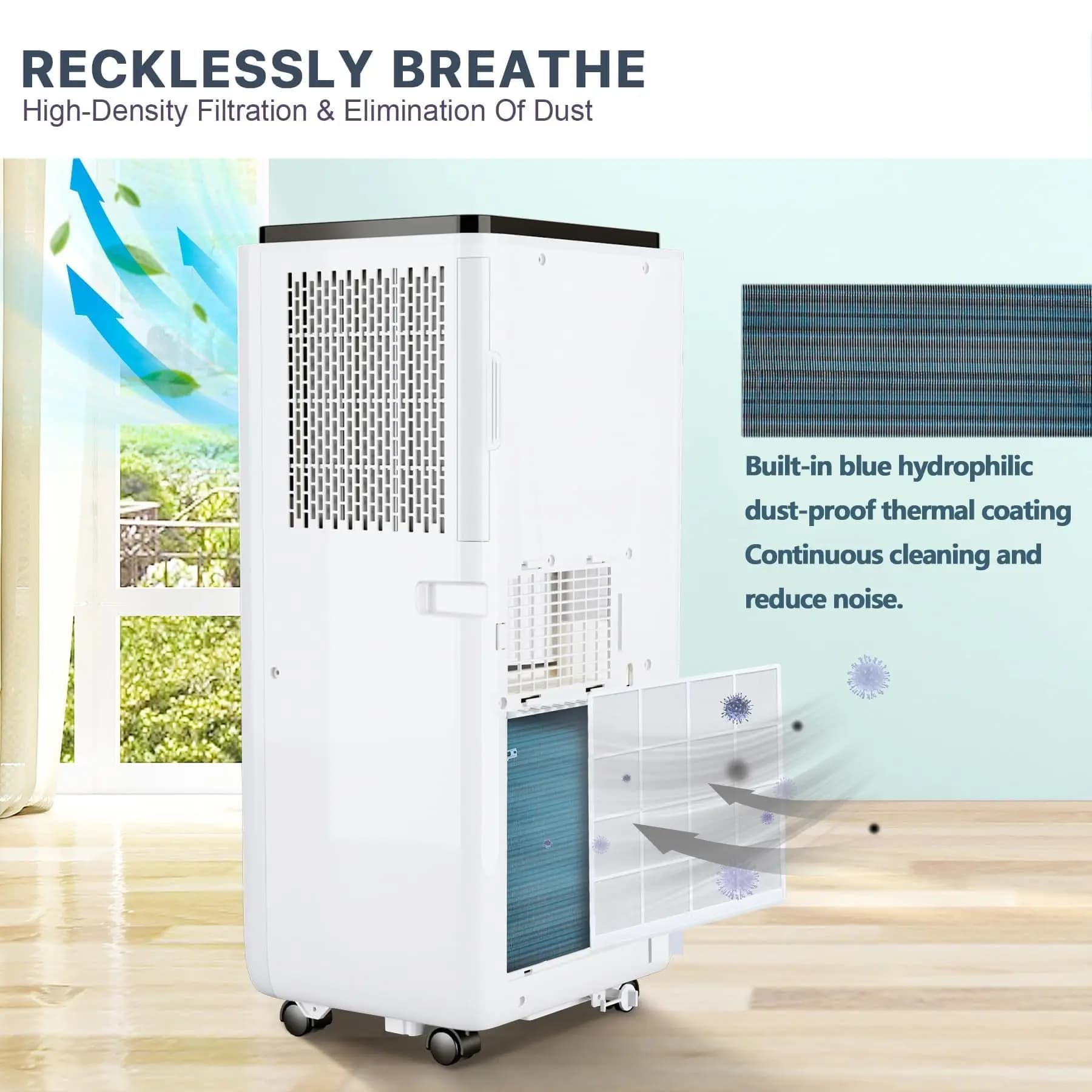 Ventilatore portatile 3 in 1 con telecomando, funzione AC e deumidificatore, ultra silenzioso 50dB, display LED, timer 24 ore, raffredda fino a 42 mq, kit completo per la ventilazione delle finestre, ideale per casa, camera da letto, ufficio, dormitorio.