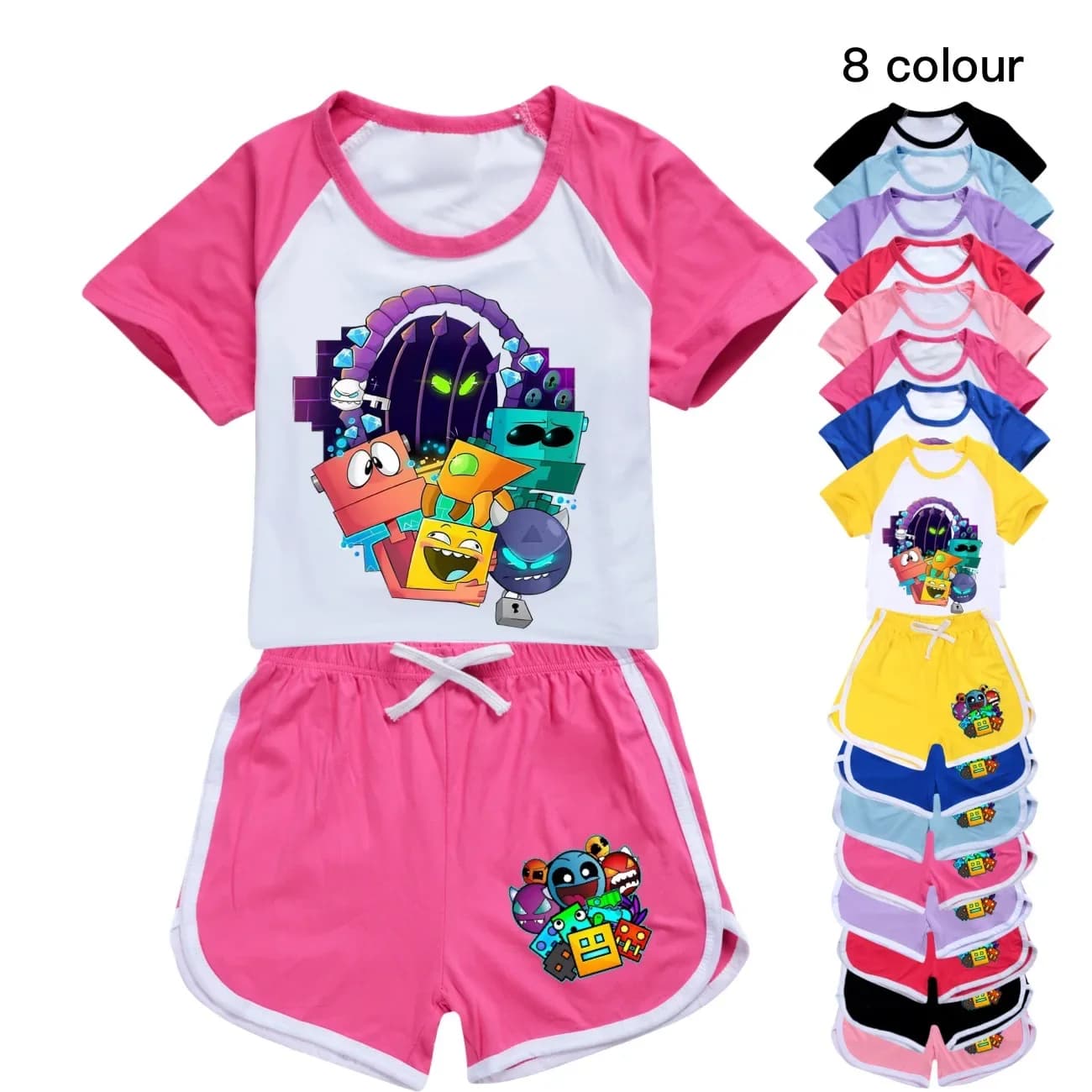 New Geometry Dash T-shirt Shorts Leisure Sports Suit Girls Clothing Set Baby Boys Homewear Suit Big Kids Summer Tshirt