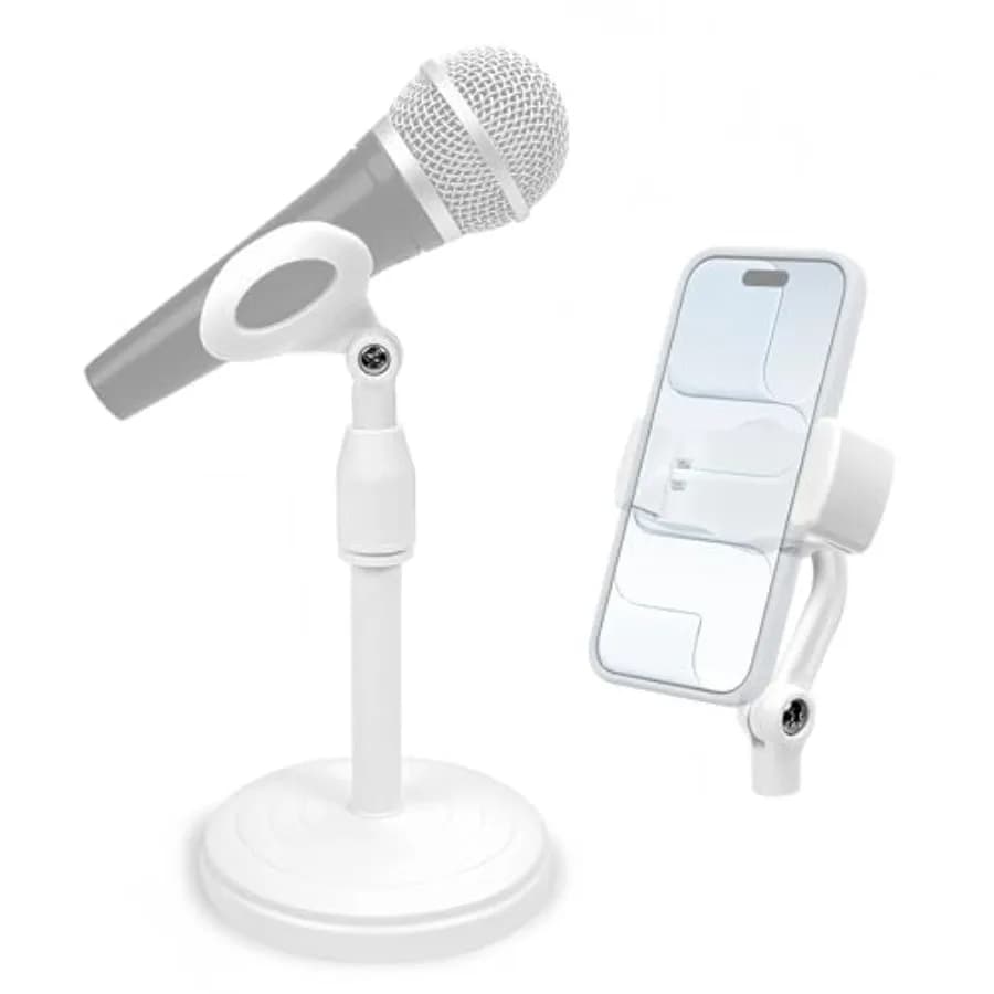Microphone Stand, Desktop Mic Stand with Phone Holder Replacement Head, Adjustable Height, Suitable for Studio, Live Streaming,