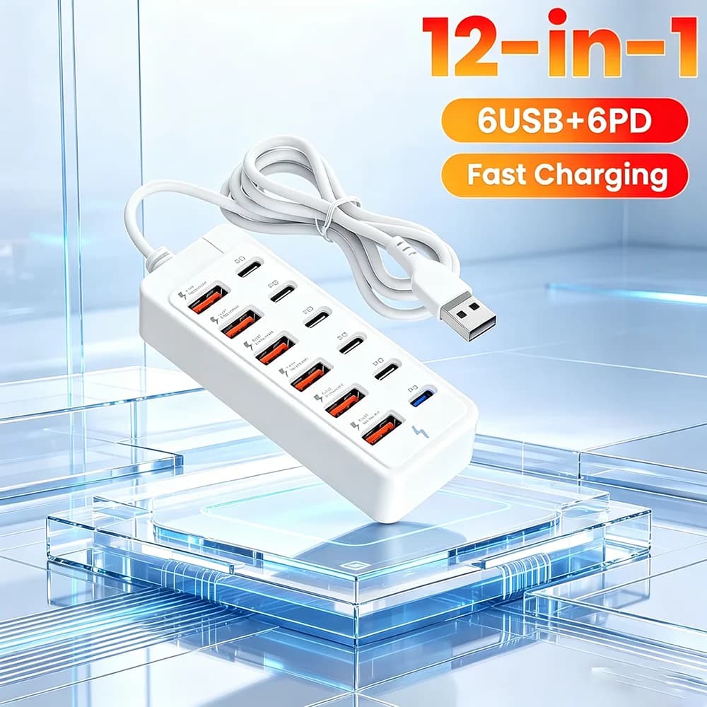 Multipresa da scrivania 12 in 1 con stazione di ricarica super veloce, hub USB, adattatore e cavo da 1 m, pratico caricatore per telefono per casa e ufficio