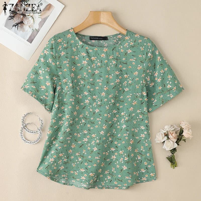 ZANZEA 2026 Camicetta Estiva da Donna a Maniche Corte, Stile Bohemien, Casual con Scollo a O, Stampa Floreale, Top Ampio da Lavoro, Blusa Oversize