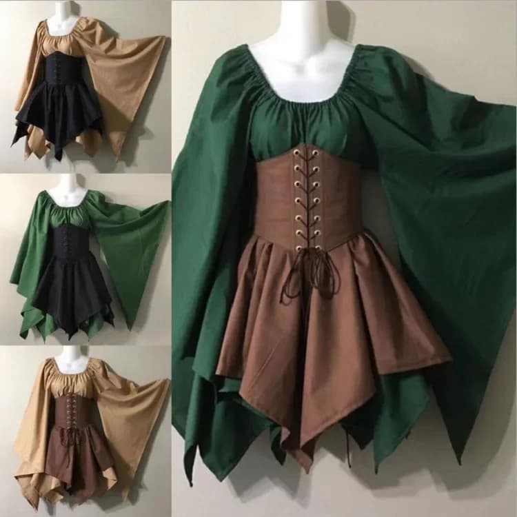 Costume da Fata Elfo Medievale Vittoriano per Halloween, Abito da Principessa con Bende per Donna, Vestito Patchwork per Feste di Natale