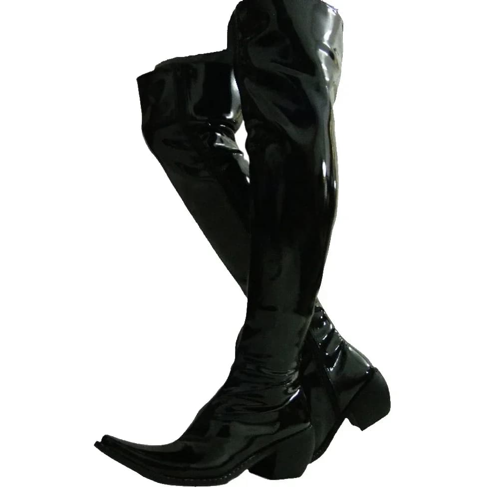Fashion Men Patent Leather Over The Knee Boots Chunky Heel Thigh High Stretch Pointed Toe Dressy Shoes Western Riding Boots Zip