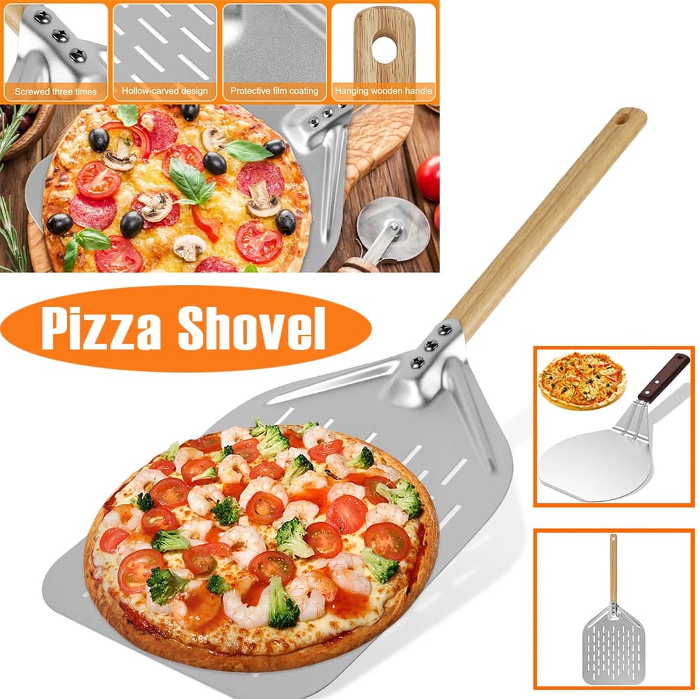 Pala per pizza da 12 pollici Pala per pizza leggera in lega di alluminio Pala per pizza perforata antiaderente con manico in legno per pane pizza