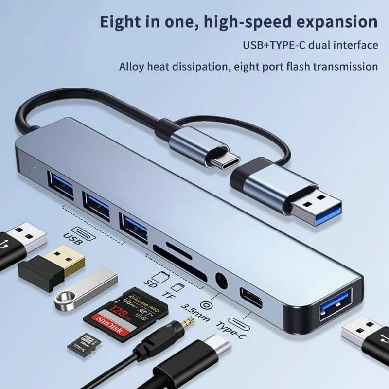 Hub USB Type-C 8 in 1 con docking station, audio da 3,5 mm, lettore di schede TF e SD per laptop, tablet e telefono