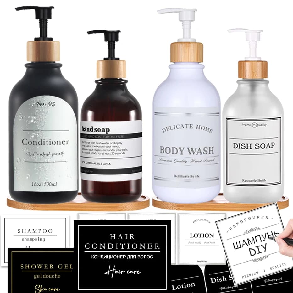 300/500ml Dispenser di sapone da bagno Bottiglia Shampoo Doccia Gel Bottiglia Tipo di pressa Riutilizzabile Bottiglia vuota lucida Etichette impermeabili