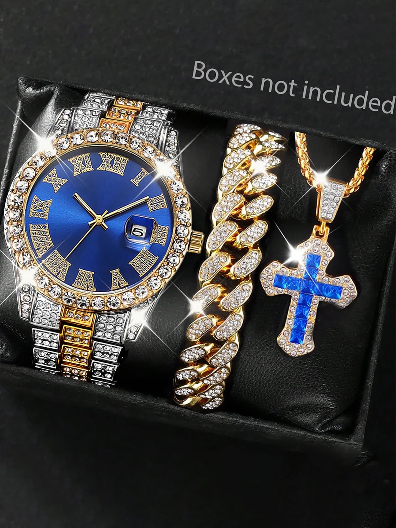 Men's quartz watch with classic hip-hop bracelet and necklace with calendar function, compatible party wear box, not included