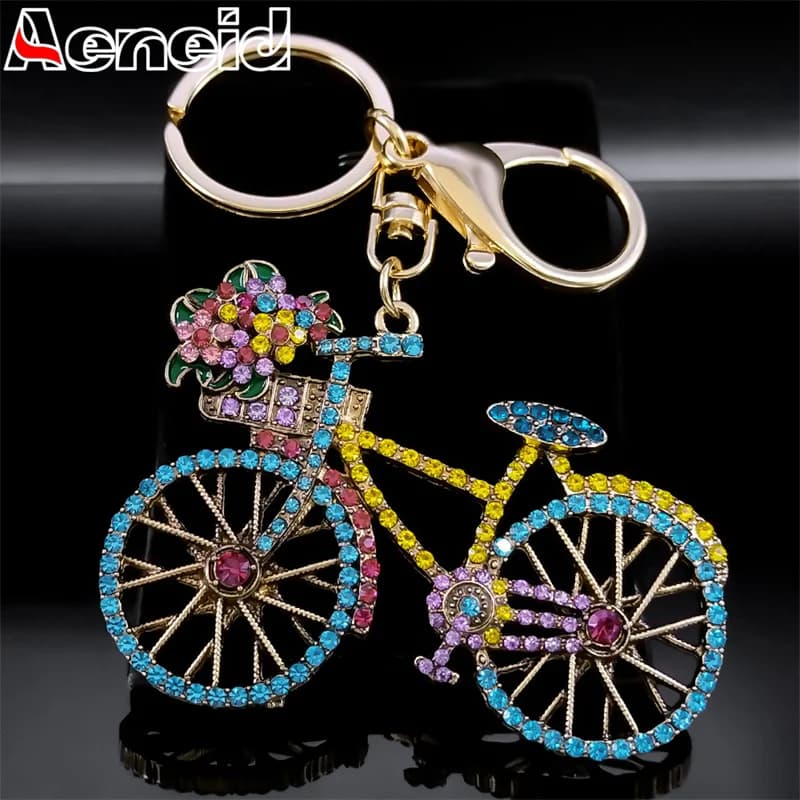 Bicycle Keyring with Colorful Crystal Flower for Bike, Women's Alloy, Rhinestone, Gold Color, Sports Keychain, Accessories, Jewelry Gift K9439S04